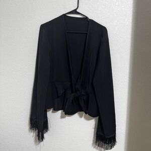 Black Fringe Jacket Womens 2XL Black Excellent Tie Front Peplum Fringe Cuffs